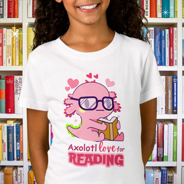 Axolotl-Liebe zum Lesen von Adorable Kid's T-Shirt (Shown in white. Available in boys, girls, multiple styles and colors. )