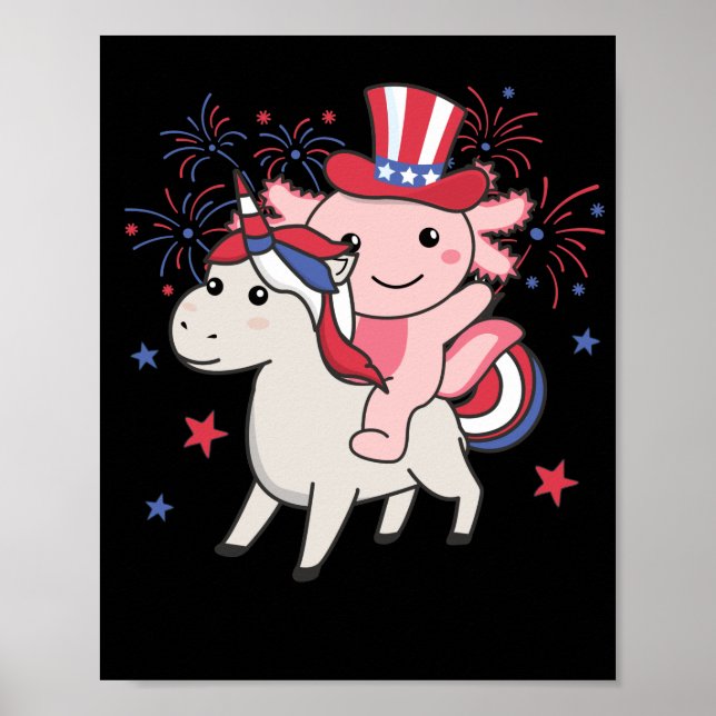 Axolotl mit Unicorn für Amerikanische Unabhängigke Poster (Vorne)