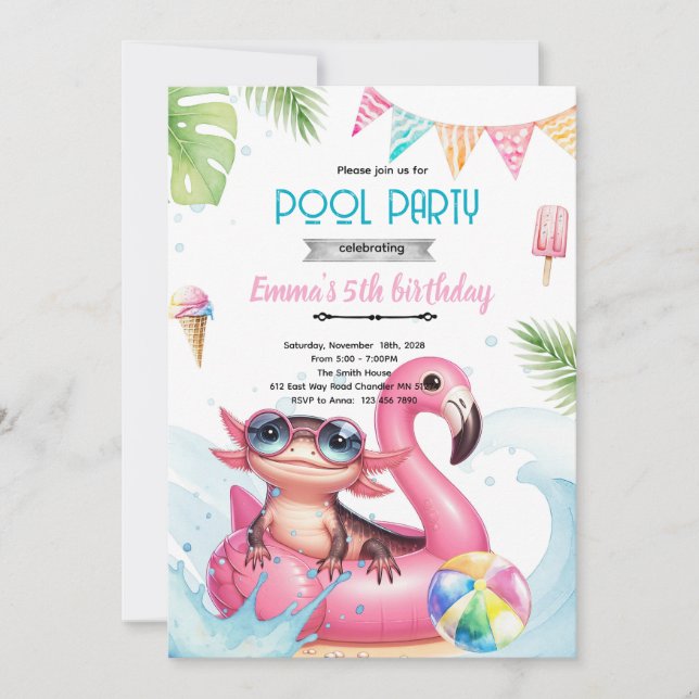 Axolotl Pool party theme invitation Einladung (Vorderseite)