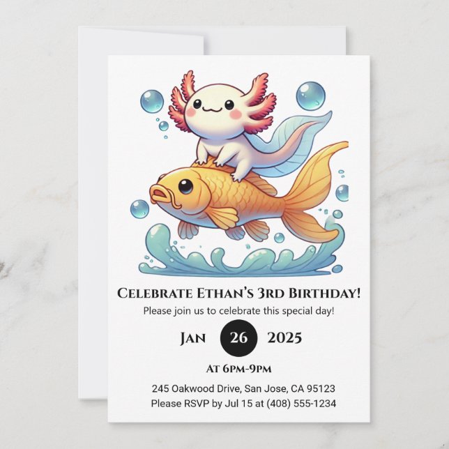 Axolotl Riding Goldfish Geburtstag Einladung (Vorderseite)