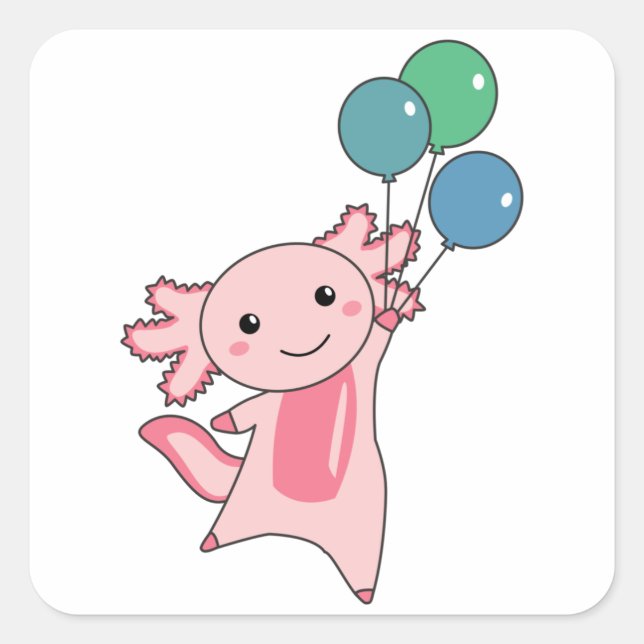 Axolotl Sweet Animal Fliegt mit Balloons hoch Quadratischer Aufkleber (Vorderseite)