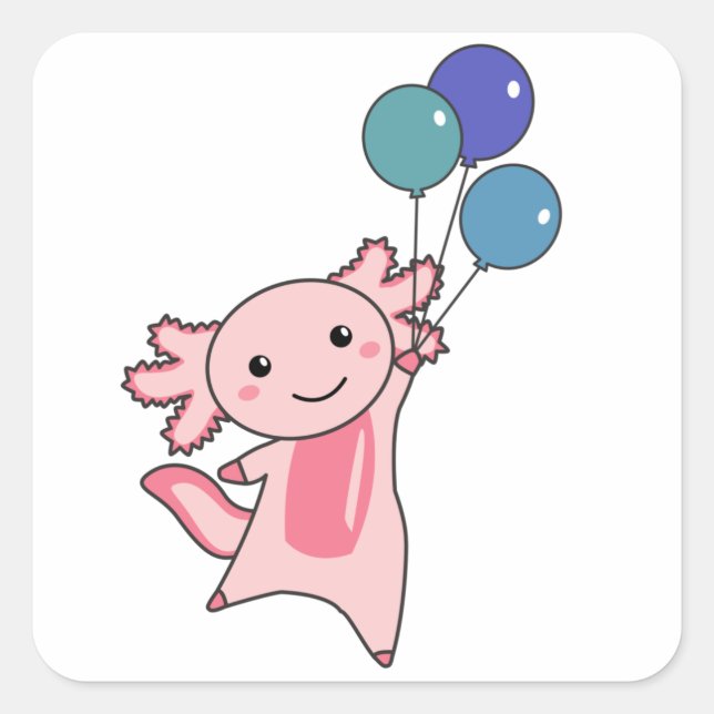 Axolotl Sweet Animal Fliegt mit Balloons hoch Quadratischer Aufkleber (Vorderseite)