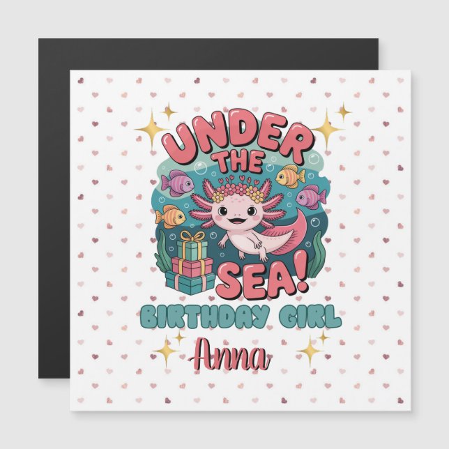 Axolotl Under Sea Birthday Girl Niedlicher Ozean Magneteinladung (Vorne/Hinten)