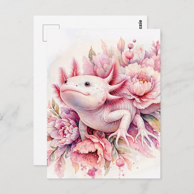 Axolotl Watercolor Pink Floral Postkarte (Vorne/Hinten)