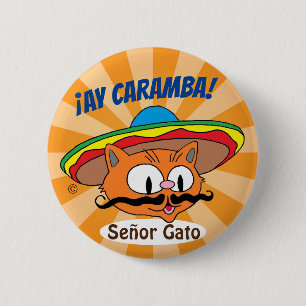 Ay Caramba! Cartoon Mustache Cat Señor Gato Button