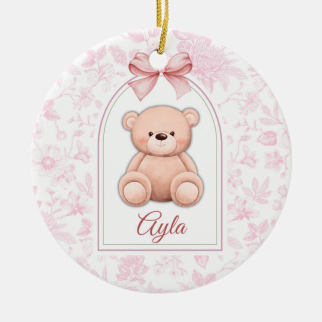 Ayla | Benutzerdefiniertes rosa Teddy-Bär-Kinderzi Keramik Ornament (Vorne)