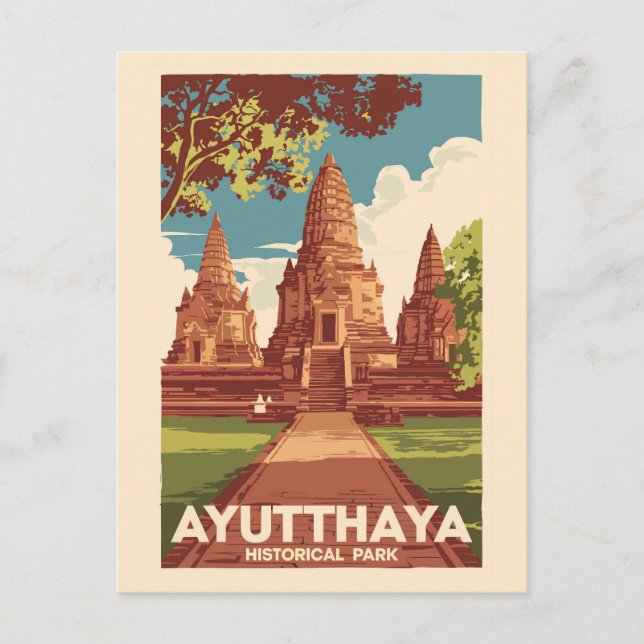 Ayutthaya Historischer Park Illustration Reisen Ku Postkarte (Vorderseite)