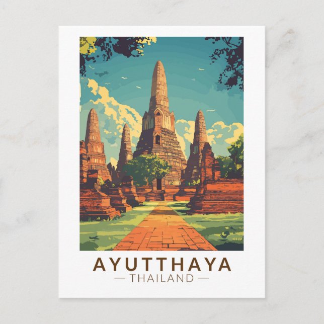 Ayutthaya Thailand Illustration Travel Art Vintag Postkarte (Vorderseite)