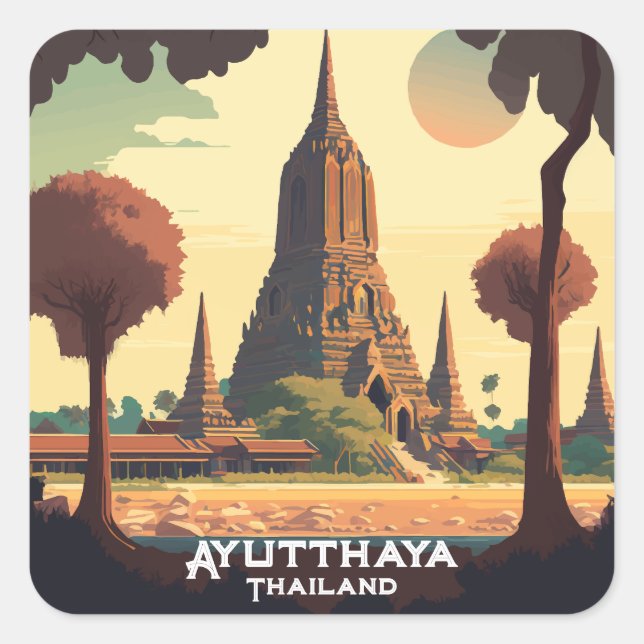 Ayutthaya Thailand Temple Sunset Quadratischer Aufkleber (Vorderseite)