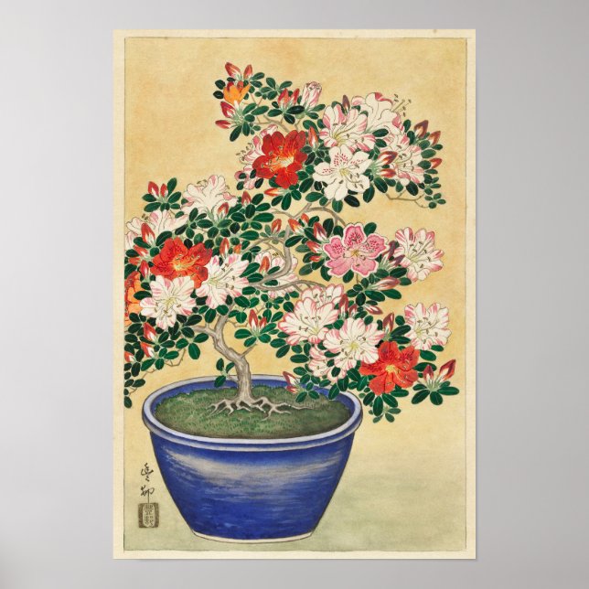 Azalea blühen in Blue Pot von Ohara Koson Poster (Vorne)