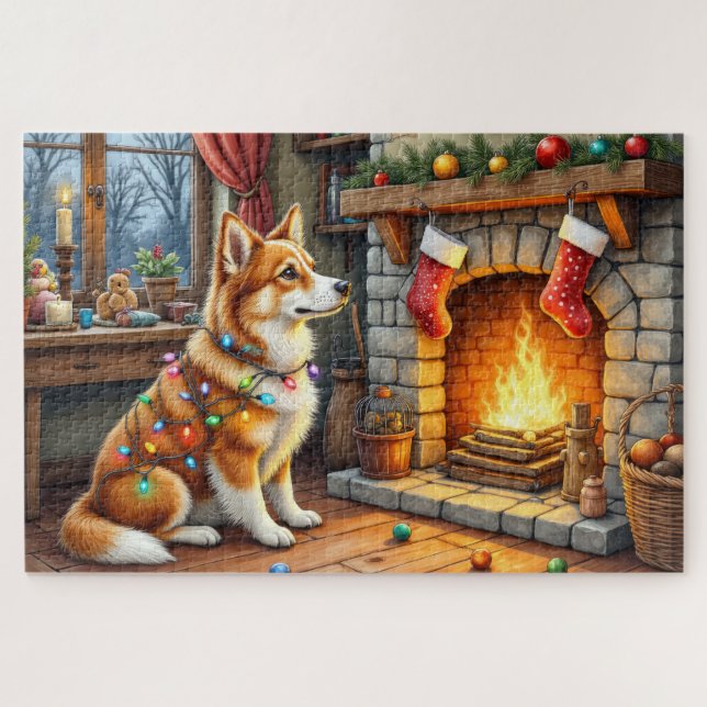 Azawakh Sitting by Fireplace with Christmas Lights Puzzle (Horizontal)