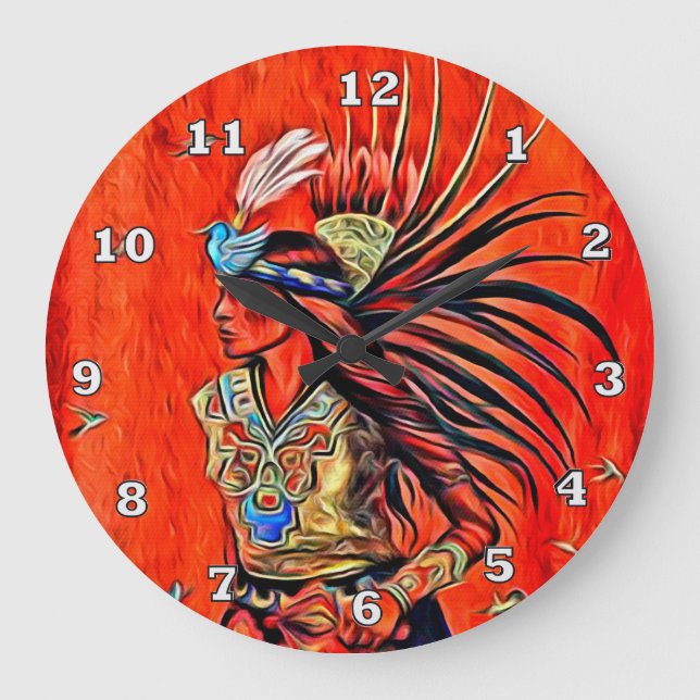 Aztec Bird Dancer Native American Clock Große Wanduhr (Vorderseite)