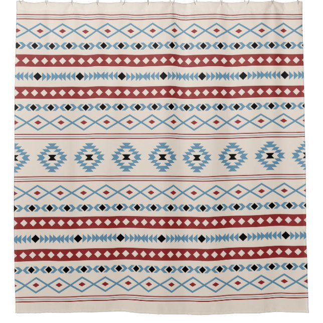 Aztec Blue Red Black Cream Mixed Motifs Muster Duschvorhang (Vorderseite)