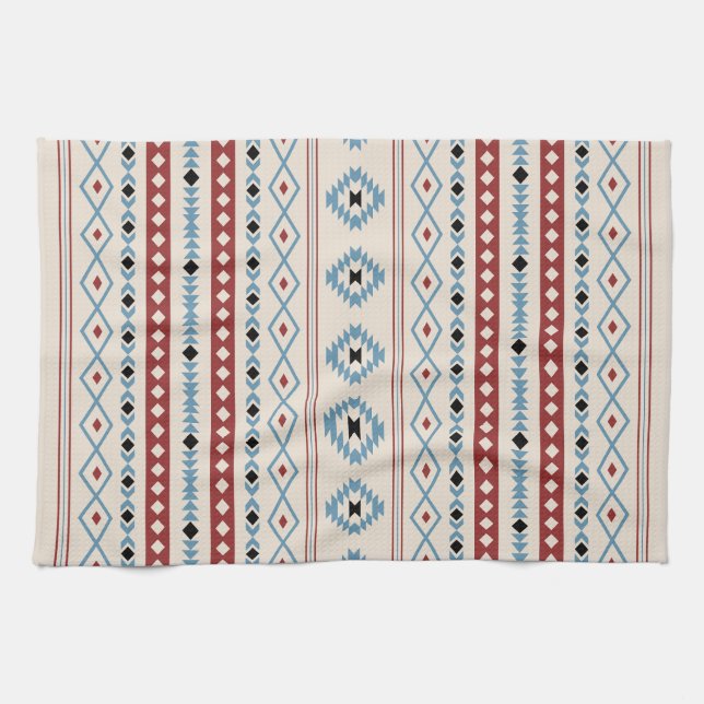 Aztec Blue Red Black Cream Mixed Motifs Muster Geschirrtuch (Horizontal)