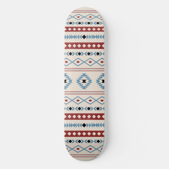 Aztec Blue Red Black Cream Mixed Motifs Muster Skateboard (Vorderseite)