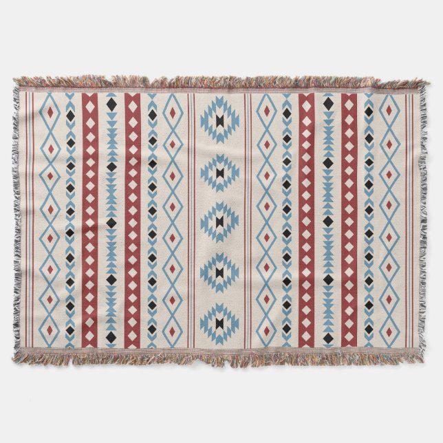 Aztec Blue Red Black Cream Mixed Motifs V Muster Decke (Vorderseite)