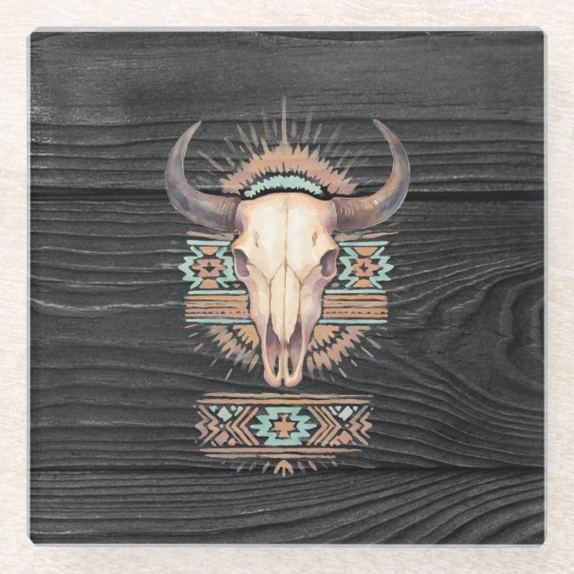 Aztec Boho Skull Glasuntersetzer (Vorderseite)