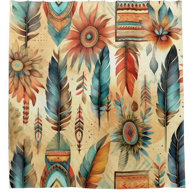Aztec Boho Tribal Blue Feathers Duschvorhang (Vorderseite)