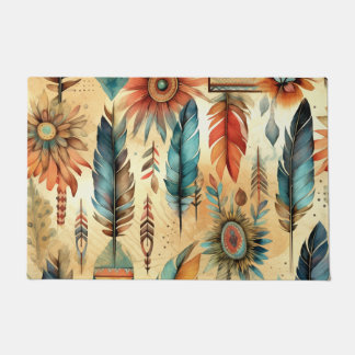 Aztec Boho Tribal Blue Feathers Fußmatte