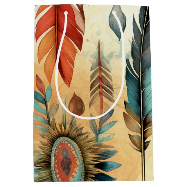 Aztec Boho Tribal Blue Feathers Mittlere Geschenktüte (Vorderseite)