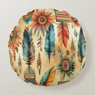 Aztec Boho Tribal Blue Feathers Rundes Kissen