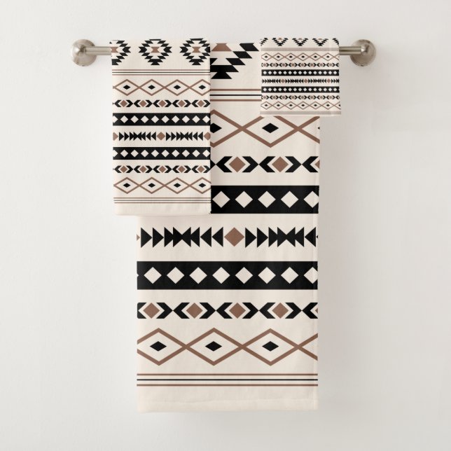 Aztec Brown Black Cream Mixed Motifs Muster Badhandtuch Set (Insitu)