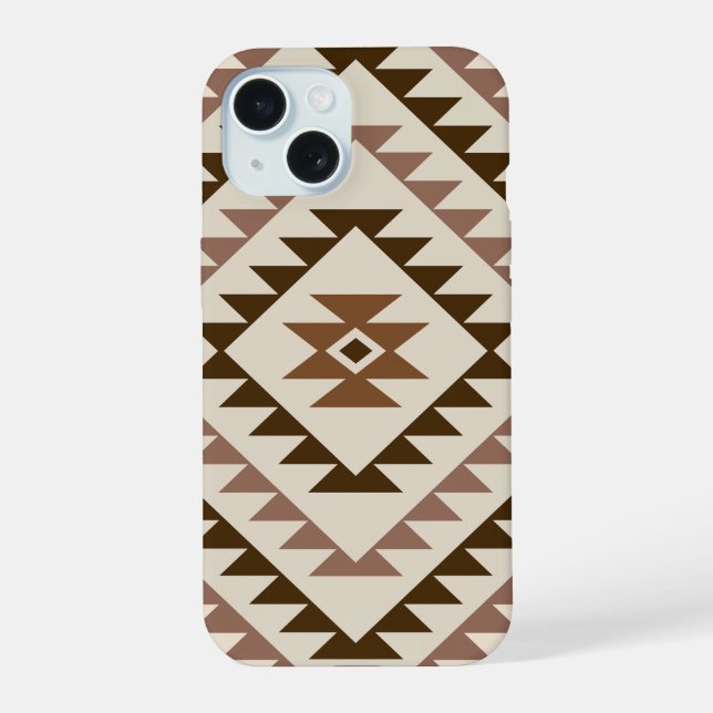 Aztec-Diamantmuster-Design Braun+Creme iPhone 15 Hülle (Rückseite)