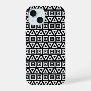 Aztec Dreiecke+Quadrate Muster Weiß auf Schwarz iPhone 15 Hülle
