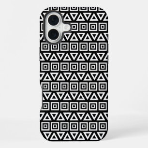 Aztec Dreiecke+Quadrate Muster Weiß auf Schwarz iPhone 16 Plus Hülle