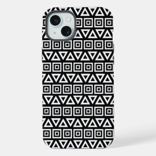 Aztec Dreiecke+Quadrate Muster Weiß auf Schwarz iPhone 15 Plus Hülle