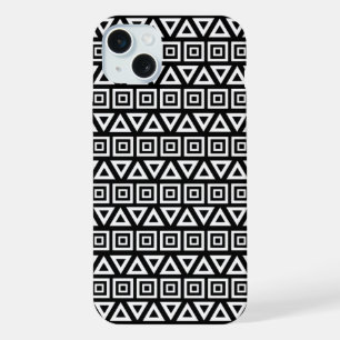 Aztec Dreiecke+Quadrate Muster Weiß auf Schwarz iPhone 15 Plus Hülle