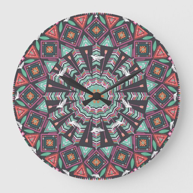 Aztec Geometric: farbiges Zirkelmuster Große Wanduhr (Vorderseite)