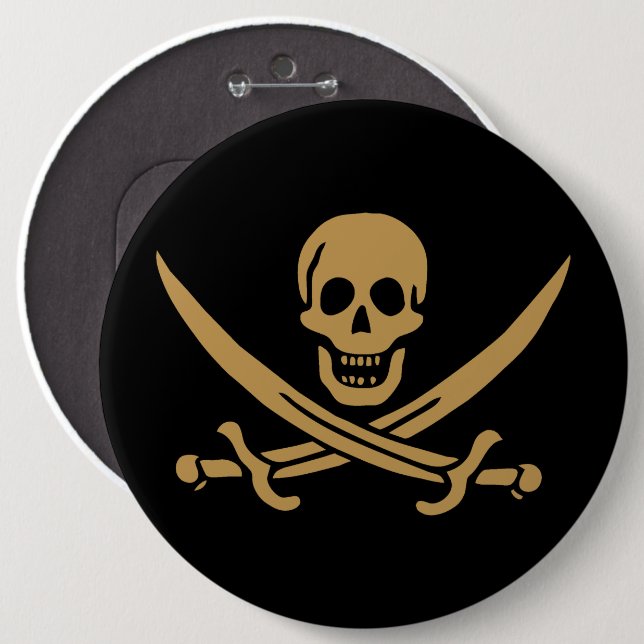 Aztec Gold Skull & Cutlass Pirate Calico Jack Button (Vorne & Hinten)