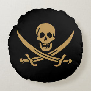 Aztec Gold Skull & Cutlass Pirate Calico Jack Rundes Kissen