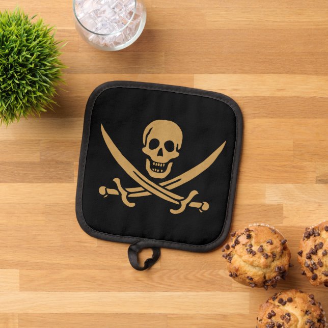 Aztec Gold Skull & Cutlass Pirate Calico Jack Topflappen (Oben Unten)