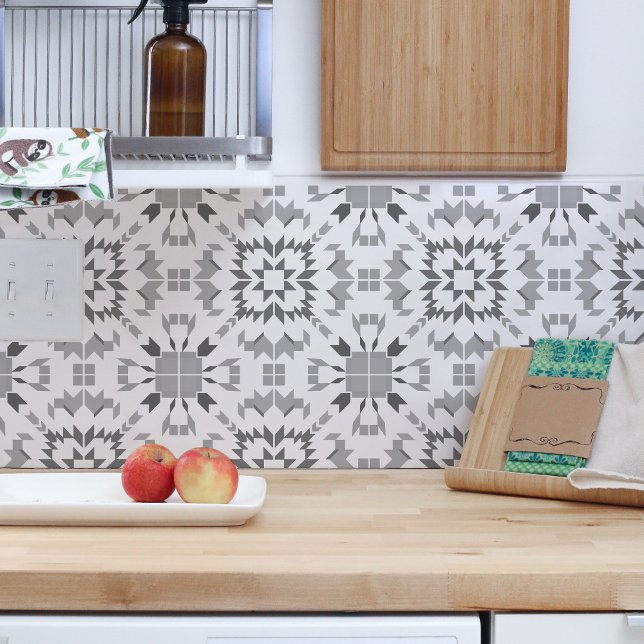 Aztec Gray White Geometric Ikat Boho Tribal Fliese (Tiles when put together and each rotated the right way create this beautiful pattern.)