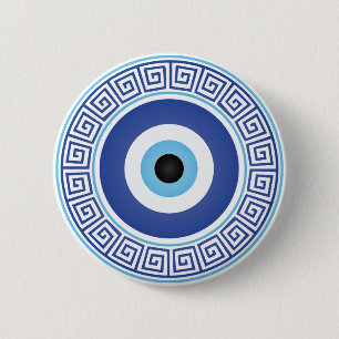 Aztec Greece Circle Key Evil Eye Blue White Button