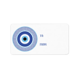 Aztec Greek Circle Key Evil Eye Blue White Adressaufkleber