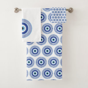 Aztec Griechisch Key Evil Eye Muster Blau Badhandtuch Set