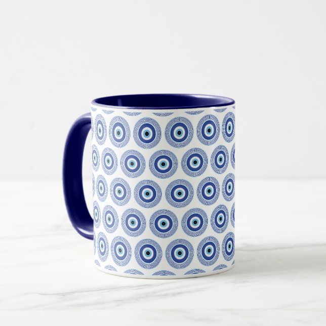 Aztec Griechisch Key Evil Eye Muster Blau Tasse (Vorderseite Links)