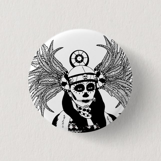Aztec Indian Day of the Dead Skeleton man Art Button (Vorderseite)
