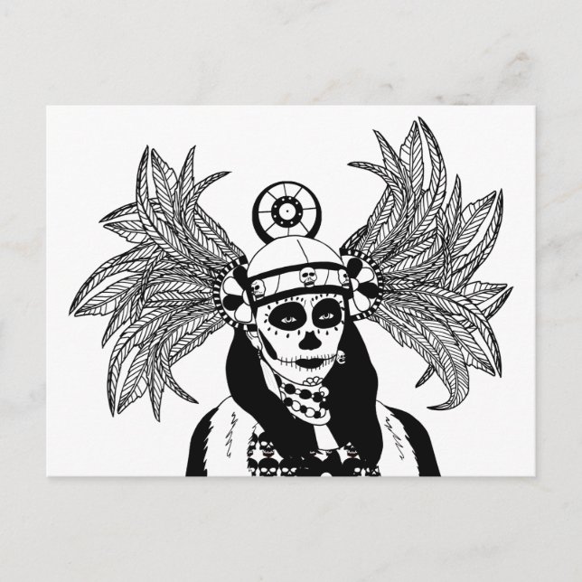 Aztec Indian Day of the Dead Skeleton man Art Postkarte (Vorderseite)