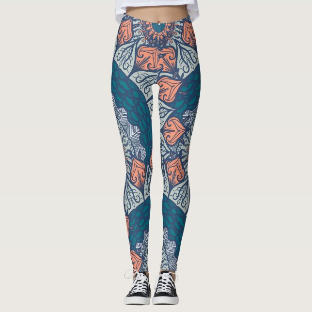 Aztec Mandala aquamarine und orangefarbene boho Yo Leggings (Vorderseite)
