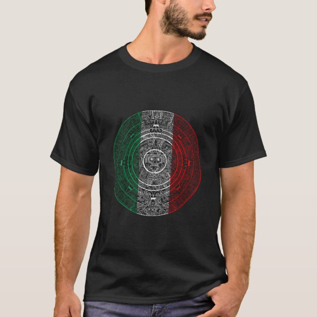 Aztec Mexica Kalender Mexikanische Flagge Kunst T-Shirt (Vorderseite)