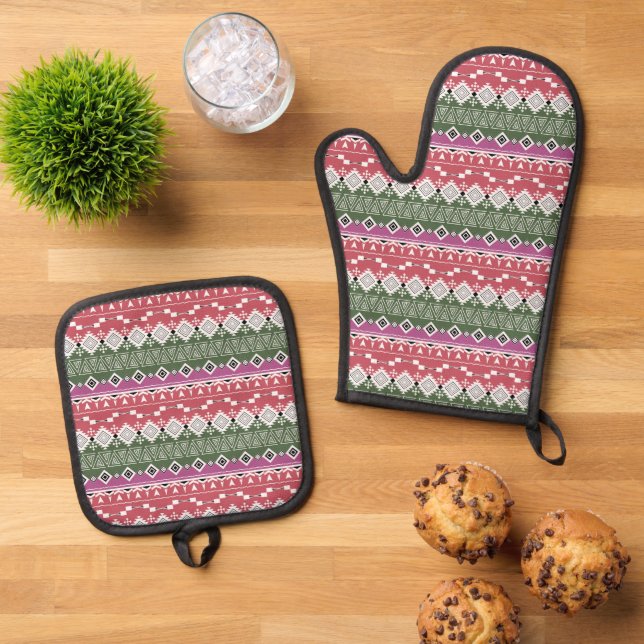 Aztec Muster, Streifen / Ofenhandschuh & Topflappen-Set (Oben Unten)