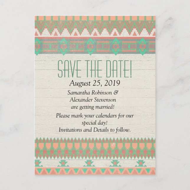 Aztec Native Pastel Peach/Aqua Save the Date Ankündigungspostkarte (Vorderseite)