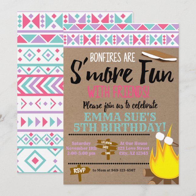 Aztec Pink Aquamarin S'more fun mit Freunden Gebur Einladung (Vorne/Hinten)