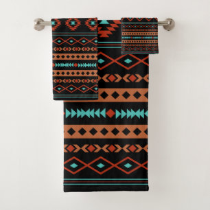 Aztec Rusts Aquamarines Schwarz Mixed Motifs-Muste Badhandtuch Set