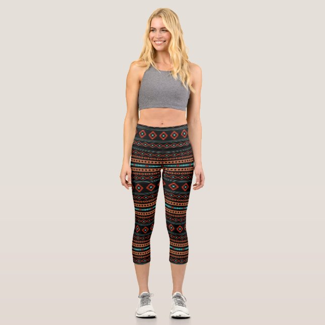 Aztec Rusts Aquamarines Schwarz Mixed Motifs-Muste Capri Leggings (Vorderseite)
