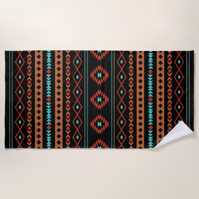 Aztec Rusts Aquamarines Schwarz Mixed Motifs-Muste Strandtuch (Vorderseite)